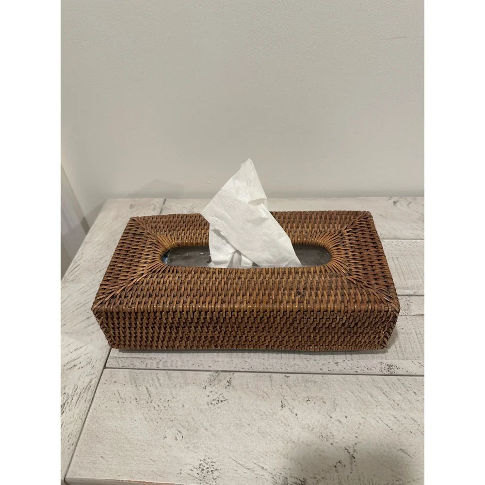 Handwoven Rattan Tissue Box Cover Rectangular Wicker Holder Brown Boho Decor